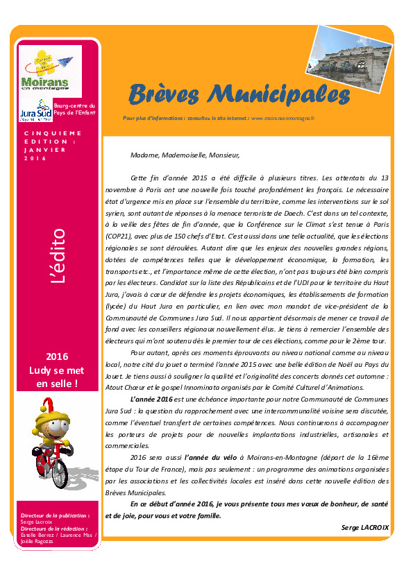 Aperçu du compte rendu du Bulletin municipal de Janvier 2016